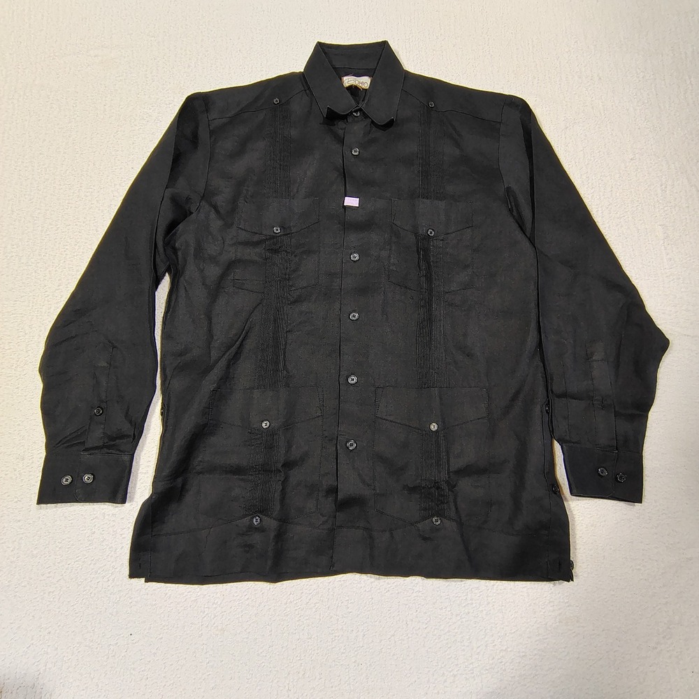 VINTAGE Bohio Guayabera Mens M Black Linen Cuban Wedding Shirt Long Sleeve pleat